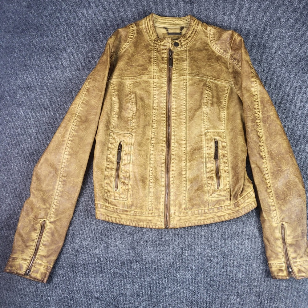 J2 Women Tan Distressed Faux Leather Moto Biker Jacket Size Medium